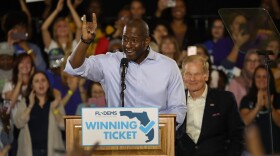 Florida Democratic gubernatorial nominee Andrew Gillum speaks as U.S. Sen. Bill Nelson (D-Fla.) listens behind him during a campaign rally held at the University of South Florida Campus Recreation Building on Monday in Tampa, Fla. (Joe Raedle/Getty Images)