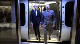 Prince Edward, Earl of Wessex, right, and Commissioner of Transport for London Andy Byford, left, leave an Elizabeth train after a ride to mark the completion of London's Crossrail project at Paddington Station on May 17, 2022 in London, England. (Andrew Matthews/WPA Pool/Getty Images)