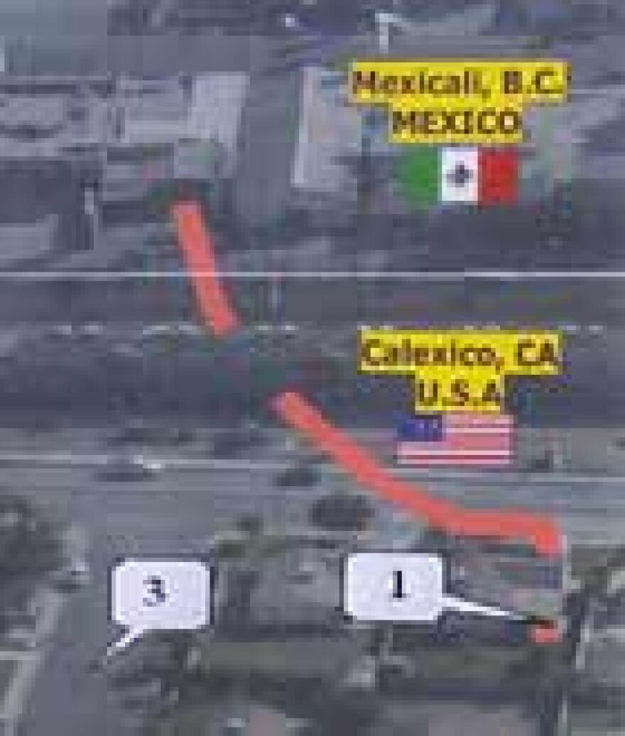 Route of a recently discovered tunnel used to smuggle drugs from Mexicali to Calexico, with a little help from storm drains on the U.S. side of the border.