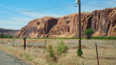 The Wall Street climbing area is seen from across the Colorado River near Moab, Utah.