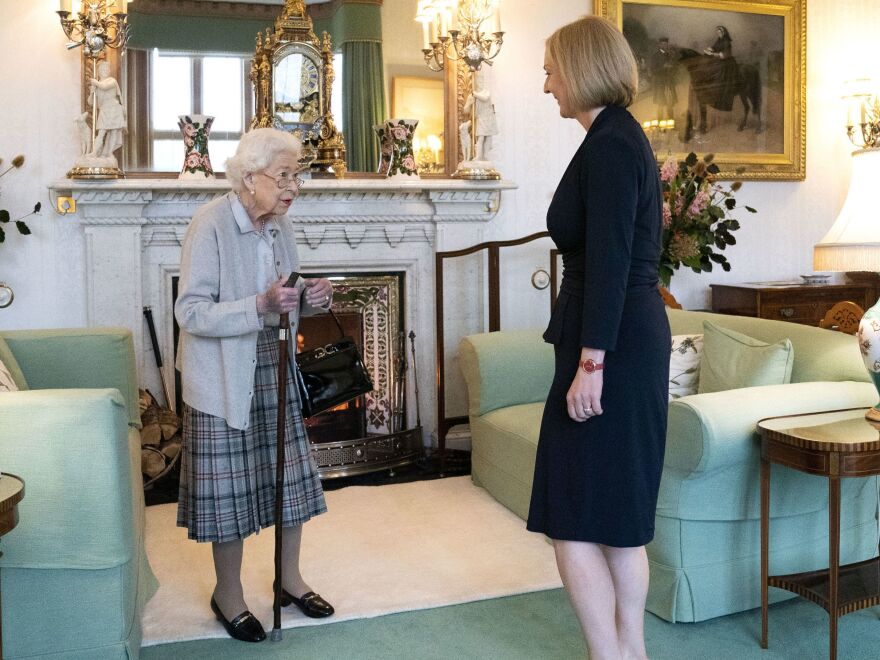 ABERDEEN, SCOTLAND - SEPTEMBER 06: Queen Elizabeth greets newly elected leader of the Conservative party Liz Truss as she arrives at Balmoral Castle for an audience where she will be invited to become Prime Minister and form a new government on September 6, 2022 in Aberdeen, Scotland. The Queen broke with the tradition of meeting the new prime minister and Buckingham Palace, after needing to remain at Balmoral Castle due to mobility issues. (Photo by Jane Barlow - WPA Pool/Getty Images)