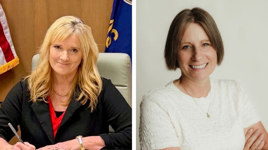 From left, Kansas State Board of Education candidates Republican Amy Cawvey and Democrat Jennifer Lloyd.