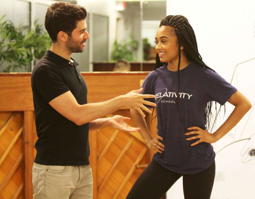 Actor and singer Adam Kantor coaches Rogers during a Jimmy Awards rehearsal.