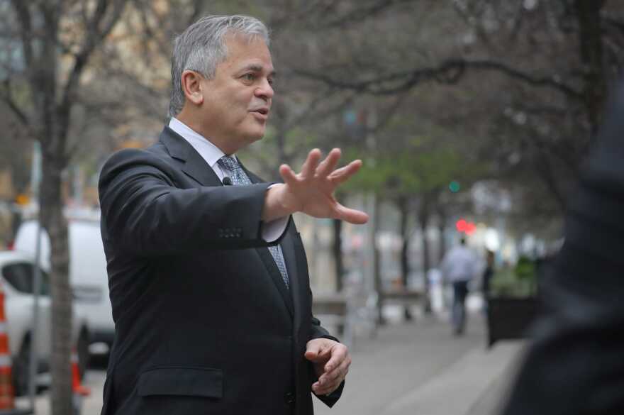 Austin Mayor Steve Adler talks to members of the press. 