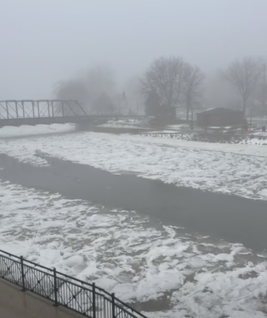 Ice accumulation on the Grand River between West Bridge Street and West Grand River Avenue in Portland, Michigan, on Jan. 7, 2026.