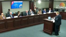 <i>Tesla representative Jeffrey Sharkey appears before the committee on transportation in Tallahassee. Sharkey talked about the issue of double taxation, as sales tax is already applied to electricity used for charging EVs. (The Florida Channel)</i>