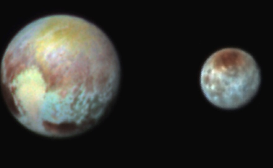 New false-color images of Pluto and the moon Charon exaggerate colors to highlight differences in their surface compositions, NASA says.