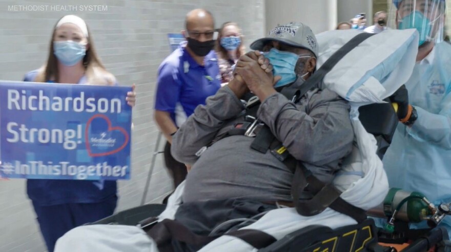 Doctors and nurses lined the lobby of Methodist Richardson as 70-year-old James Turner was wheeled through on a stretcher, finally on his way home after seven weeks in the hospital.