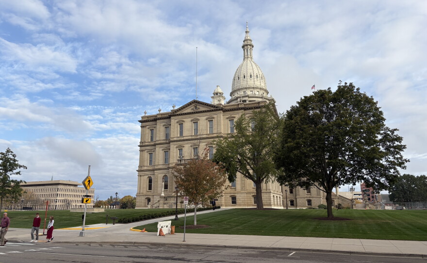 The Michigan Capitol's south side at a distance.