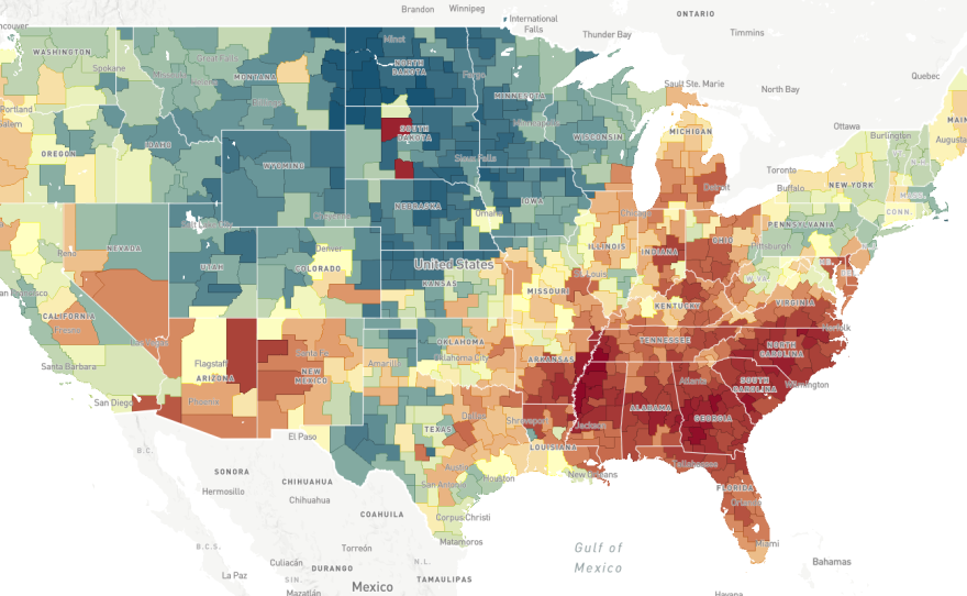 This map, a screenshot from The Opportunity Atlas, shows household income in 2014-2015 for people born between 1978 and 1983 to low-income parents. In areas that are more red, people who grew up in low-income households tended to stay low-income.