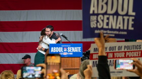 Democratic U.S. Senate candidate Abdul El-Sayed embraces New York Rep. Alexandria Ocasio Cortez at a rally on Thursday, October 16, 2026