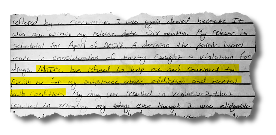 In a letter seeking legal help accessing treatment, a man says the state has punished him for his addiction, rather than helping him.
