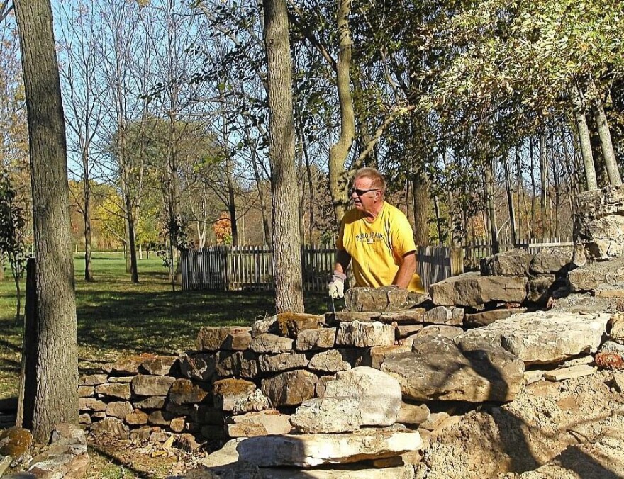 Dr. Bill Roston working on the water feature at the Hosta Garden at Springfield Botanical Gardens