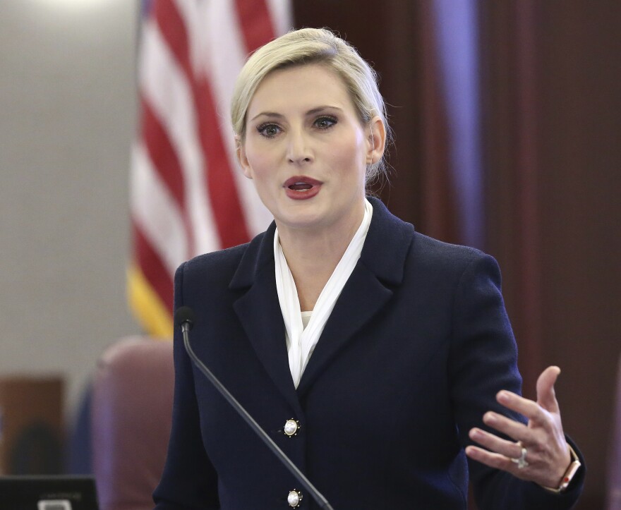 Florida secretary of state Laurel Lee speaks at pre-legislative news conference on Tuesday Oct. 29, 2019, in Tallahassee, Fla. 