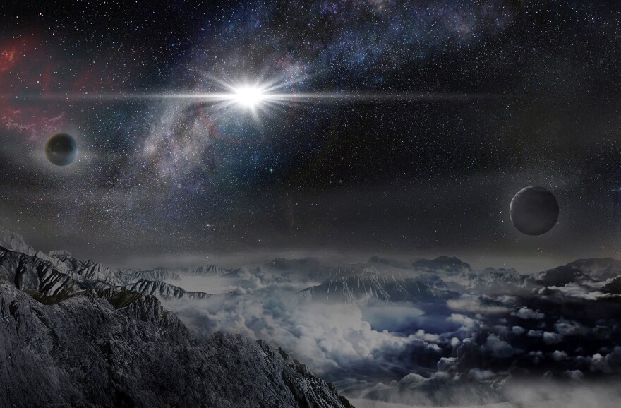 An artist's impression of the superluminous supernova as it would appear from a planet in the same galaxy, about 10,000 light-years away. The exploding star is 570 billion times brighter than our sun.