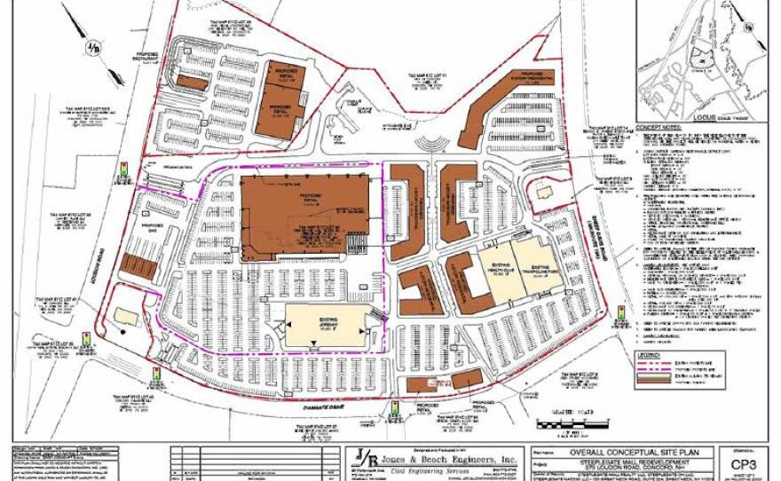 One of two similar proposed plans submitted to the city shows proposed replacement for Steeplegate Mall and Regal Cinema, between Loudon Road and Sheep Davis Road. The Regal Cinema property is the smaller lot inside red dotted lines on the upper lefthand portion of the map. Applebee's restaurant, in the lower left, and TD Bank building, on the center right, would not be affected. Steeplegate Mall Realty—Courtesy