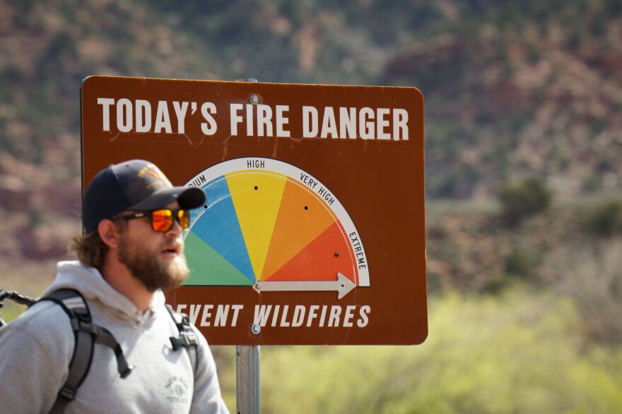 A wildfire danger sign outside Zion National Park in southwest Utah, March 16, 2026.