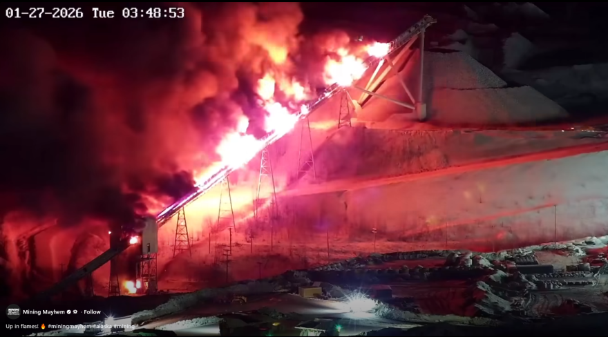 Fire badly damaged a large conveyor belt system at the Kinross Fort Knox mine Tuesday morning, as shown in this screenshot of video recorded and posted to social media.