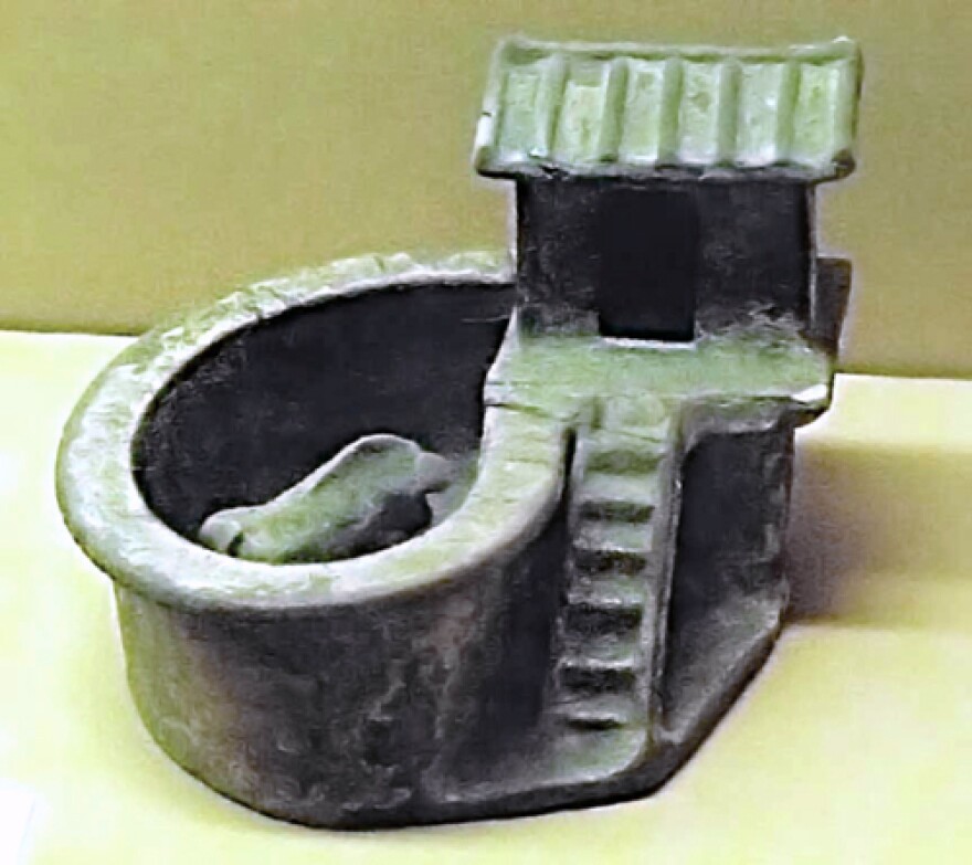 This Chinese sculpture, dating to about 200 AD, depicts an outhouse perched over a pigsty.  All over the world pigs ate human waste, carrion, and rotting garbage, a dietary habit that made them quite useful—they cleaned the streets and transformed filth into meat—but also turned them into pariahs.