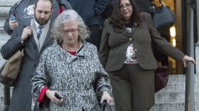 Linda Lacewell, right, chief of staff to New York Gov. Andrew Cuomo, leaves a Manhattan Federal courthouse, Wednesday, Jan. 24, 2018, in New York. Lacewell testified Wednesday at Joseph Percoco's bribery trial. Opening statements were Tuesday at the trial of Percoco and three businessmen accused of paying him over $300,000 in bribes to help them get what they needed from the state. (AP Photo/Mary Altaffer)