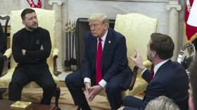 President Volodymyr Zelenskyy (left), President Donald Trump and Vice President JD Vance meet at the White House on Friday, February 28, 2025