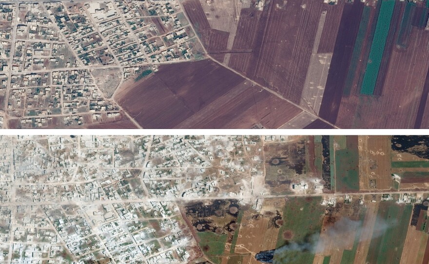 Satellite images released by Save the Children show an undisclosed area in Idlib province in July 2018 (top), and after apparent aerial bombardment in May 2019.