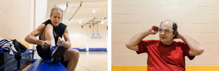 Breslow (left) and Bernard Ohanian suit up for their pickup basketball game. Breslow has been playing basketball since he was 9 years old.