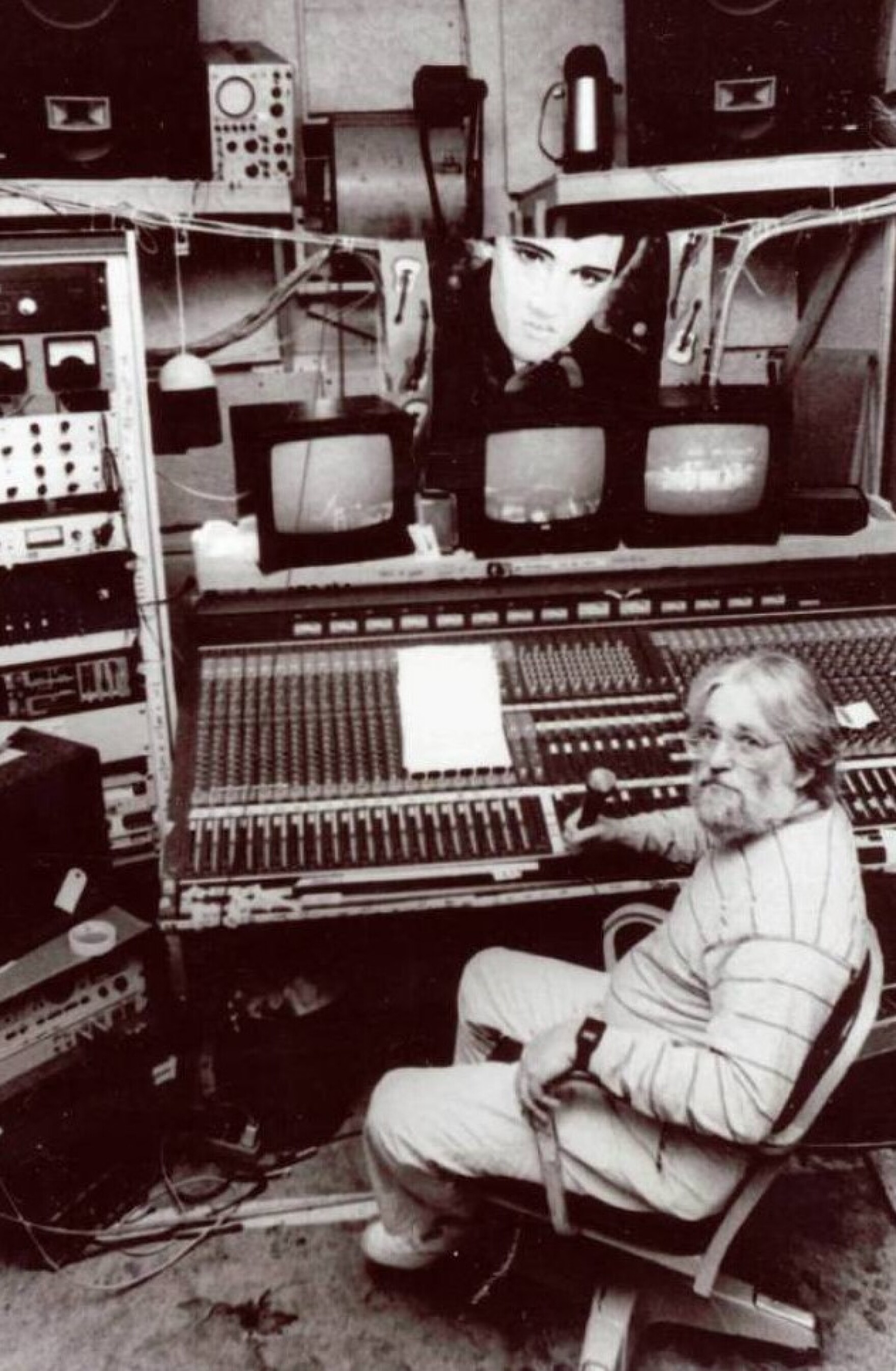 Francis Fisher sits at an early version of his broadcast mix position backstage at Mountain Stage. Francis engineered nearly every episode of Mountain Stage. 