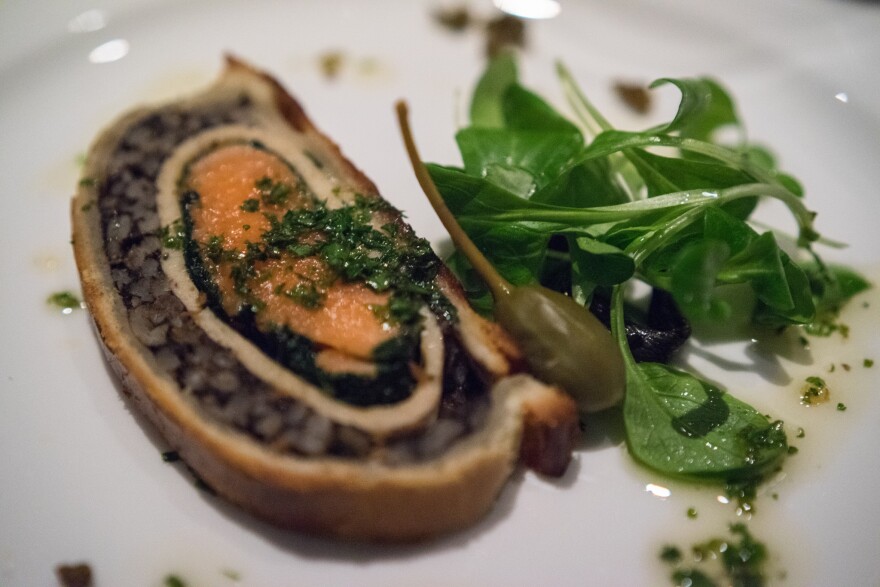 salmon kulebyaka with duxelles, fines herbes and brown butter
