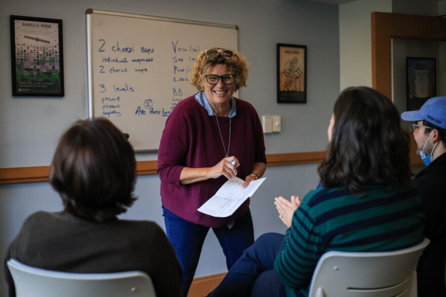 Helene Rassias-Miles, Executive Director of the Rassias Center for World Languages and Cultures, leads a training session with her team while refining future lesson plans in Hanover, Nh., on Wednesday, Oct. 7, 2026. (Valley News photo)