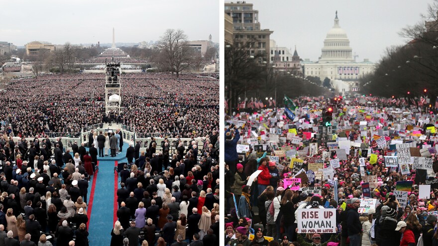 On the left, President Trump takes the oath of office at the U.S. Capitol on Jan. 20. On the right, protesters attend the Women's March on Washington the next day. Crowd estimates for both events were in the 100,000s but varied considerably.