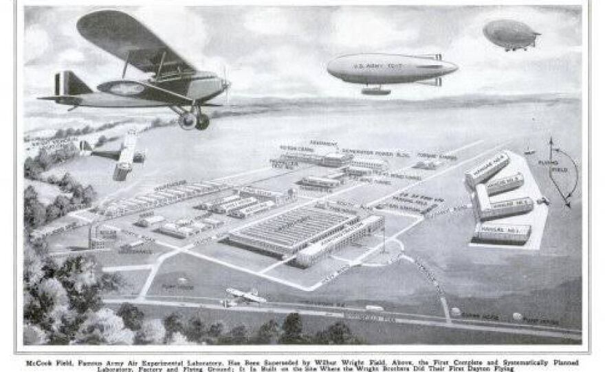 Architectural rendering of the proposed expansion of McCook Field, showing a planned airport and surrounding aviation community in Dayton, Ohio