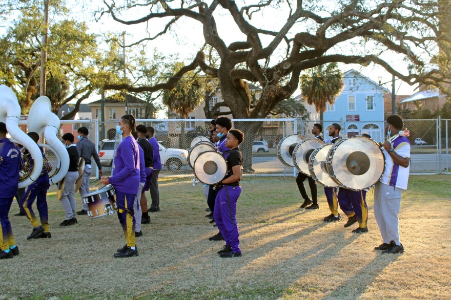 Warren Easton Charter High School's marching band members practice during Carnival season in 2022.