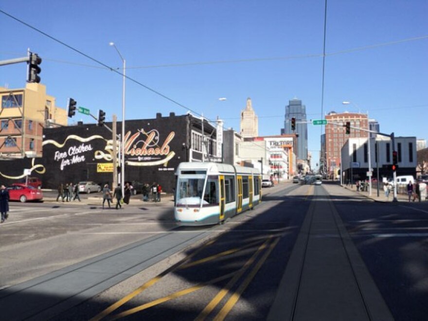 Photo illustration of a streetcar operating southbound on Main Street at 19th Street.