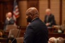 State Sen Elgie Sims, D-Chicago, debates Sen. Dave Syverson, R-Cherry Valley, on the Senate floor before the chamber approved the fiscal year 2027 budget.