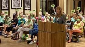 Villages attorney Jo Thacker spoke to the Sumter County Commission Tuesday night as residents expressed their opposition to approvals for new apartments in The Villages. Photo: Joe Byrnes