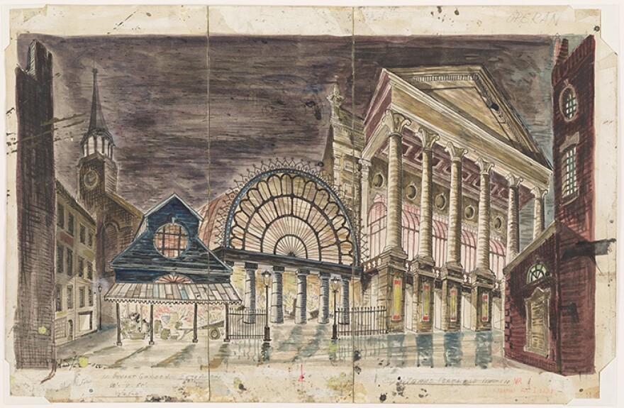 Oliver Smith's set design of Covent Garden for <em>My Fair Lady, </em>which opened at the Mark Hellinger Theatre in New York, on March 15, 1956. Watercolor and pen and ink drawing.