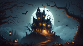 A big house with light shinning out. Outside of the house are Lack-o-lantern's, bats, and big trees.  