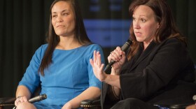 Congressional candidates MJ Hegar (right) and Gina Ortiz Jones speak at the LBJ Presidential Library in June. Both are military veterans seeking their first political office.