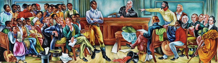 In this<em> 1939 </em>mural, Woodruff depicts the trial of the Africans aboard the Amistad.