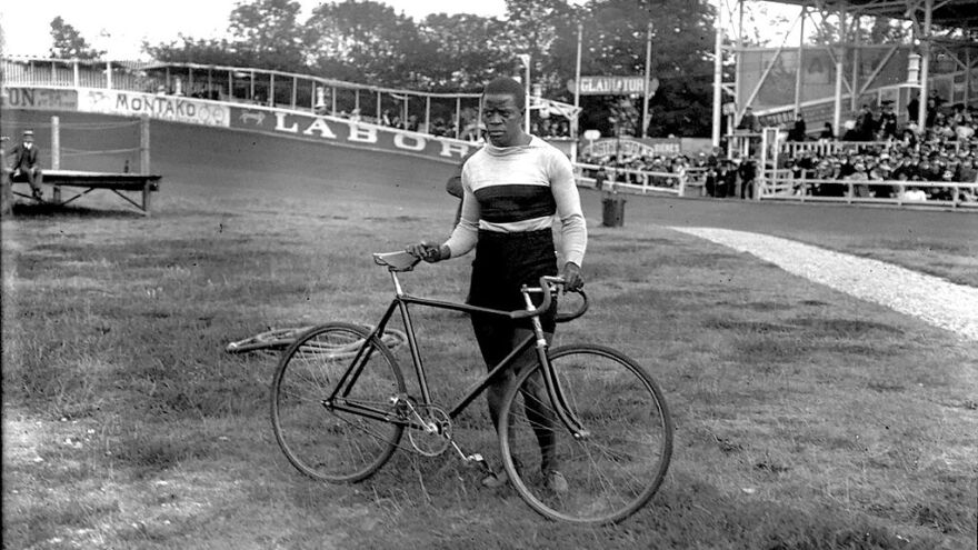 Major Taylor at the Velodrome Buffalo, Paris, France, 1908.