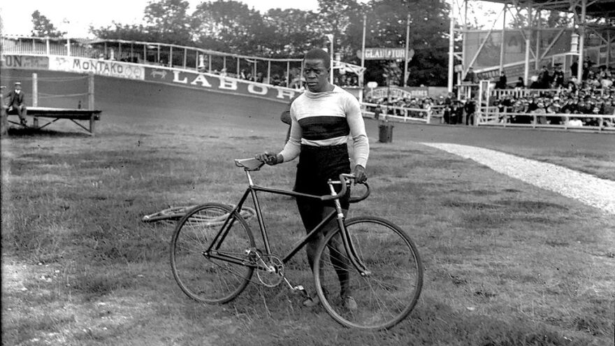 Major Taylor at the Velodrome Buffalo, Paris, France, 1908. 