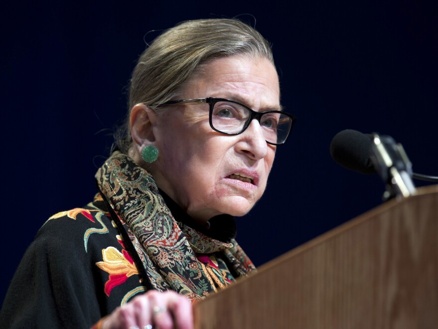 Supreme Court Justice Ruth Bader Ginsburg speaks at Brandeis University in Waltham, Mass., earlier this year.