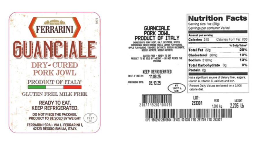 Imported RTE dry-cured pork jowl (“guanciale”) products have been recalled due to possible Listeria contamination. Prime Line Distributors, Inc. of Fort Lauderdale, Fla., and Ferrarini USA, Inc., of Hoboken, N.J., announced the recall.