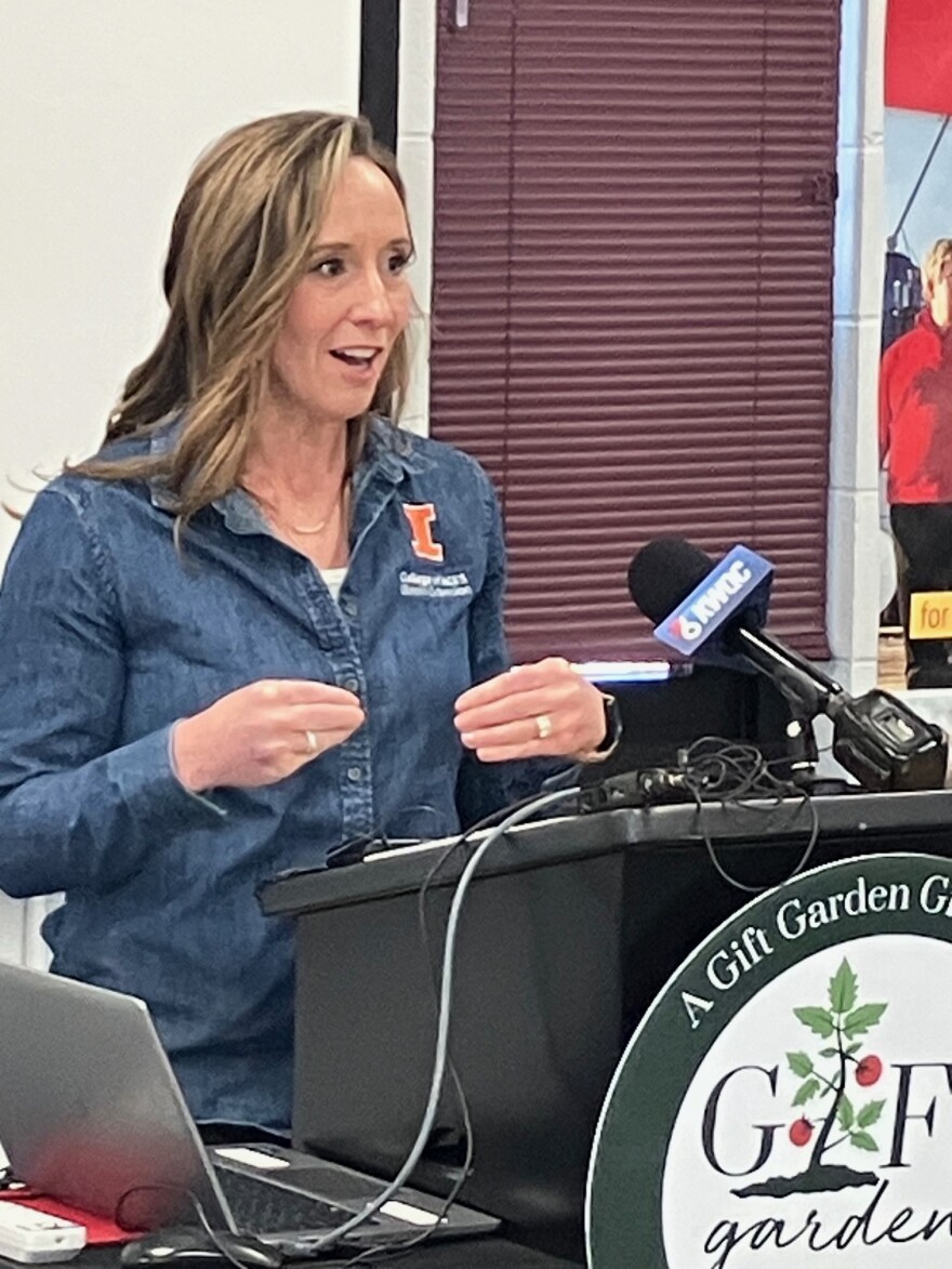 Emily Swihart, a horticulture educator with University of Illinois Extension, speaks at Monday's press conference on GIFT Gardens.
