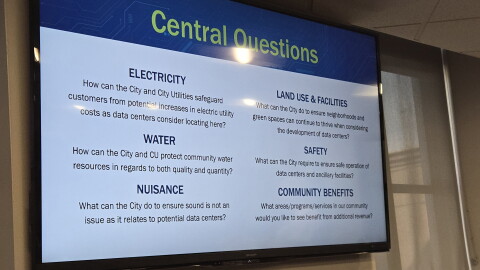 A slide displays sessions topics for the City of Springfield's public engagement sessions on data centers.