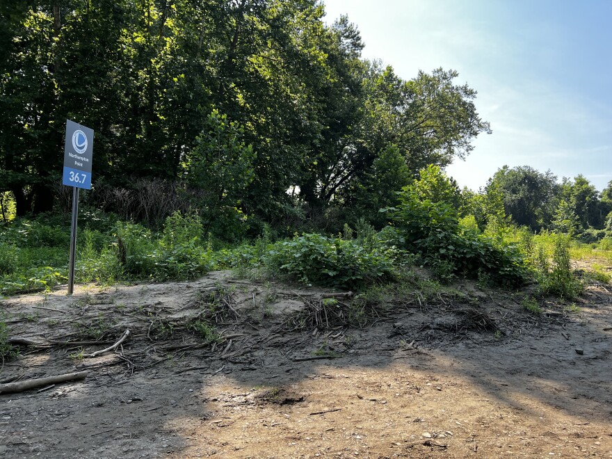 The Northampton Point sign is visible to paddlers from the water at the 36.7-mile mark along the Cuyahoga River.