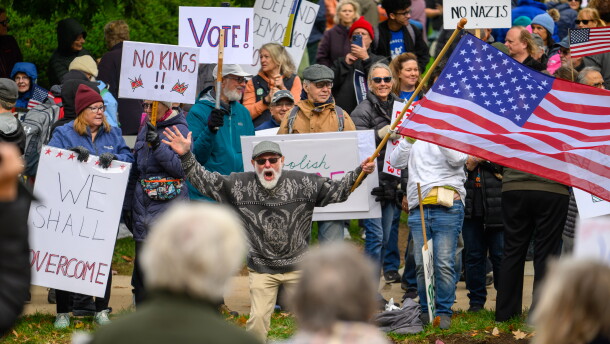 NoKings protestors demonstrate outside the Connecticut State Capitol in Hartford, Connecticut on October, 17, 2026.