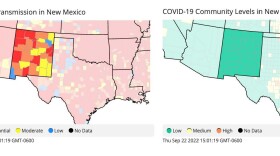 Red or Green? CDC Community Transmission Map, used by Health Care Workers, like Acting Secretary Dr. David Scrase at NMDOH, to advise at-risk patients, LEFT, (the CDC metric of risk, determined by transmission and test positivity rates, used by NMDOH and CDC to advise localities before February 25, 2022) vs. COVID Community Levels Map, RIGHT, (the current metric that triangulates transmission with hospitalization data like COVID19 admissions and ICU use). Current CDC/NMDOH guidance to the general public is determined by the metric on the right. Both metrics are still available via the CDC COVID-19 Data Tracker--these are for New Mexico from September 22, 2022, reflecting reported data from 9/14-9/21/22. These maps are reflective of the previous week, not projections