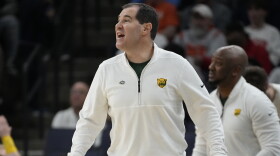 Baylor head coach Scott Drew yells to his players during the first half of a first-round college basketball game against the Colgate in the NCAA Tournament, Friday, March 22, 2024, in Memphis, Tenn. (AP Photo/George Walker IV)
